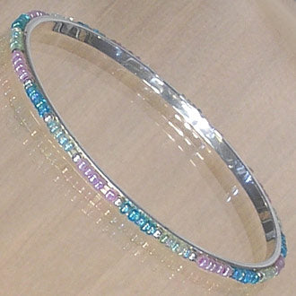 Silver Bangle with Lavender and Aqua and Blue Beads