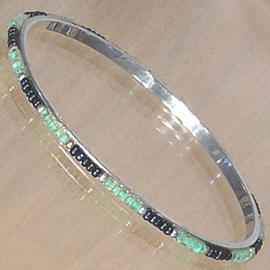 Silver Bangle with Green and Black Beads