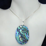 Hand Carved Oval Abalone Pendant with Silver Fittings and Necklace Chain
