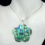 Hand Carved Abalone Flower Pendant with Silver Fittings and Necklace Chain