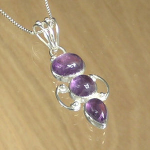 Silver Pendant with Three Amethyst Stones with Necklace Chain