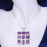 Chunky Silver Pendant with Nine Amethyst Gemstones and Necklace Chain