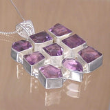 Chunky Silver Pendant with Nine Amethyst Gemstones and Necklace Chain