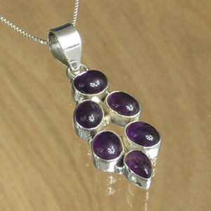 Large Silver Pendant with Six Amethyst Stones with Necklace Chain