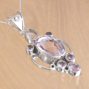 Silver Pendant with Various Cut Amethyst Stones and Necklace Chain