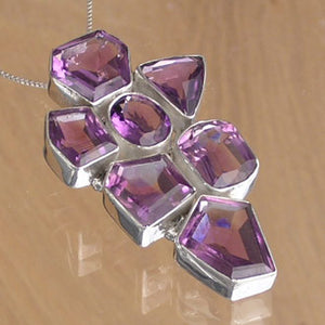 Chunky Silver Pendant with Amethyst Gemstones and Necklace Chain