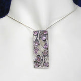 Rectangular Silver Pendant with Amethyst Stones and Necklace Chain