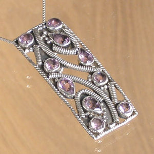 Rectangular Silver Pendant with Amethyst Stones and Necklace Chain