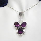 Silver Pendant with Three Large Oval Amethysts and Necklace Chain