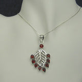 Silver Leaf Pendant with Garnet Stones and Necklace Chain