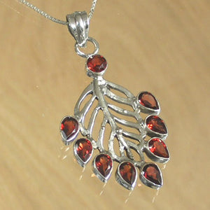 Silver Leaf Pendant with Garnet Stones and Necklace Chain