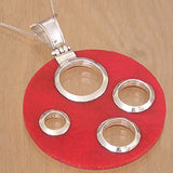 Round Red Coral Pendant with Silver Framed Holes and Necklace Chain