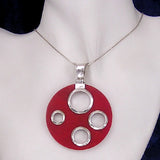 Round Red Coral Pendant with Silver Framed Holes and Necklace Chain