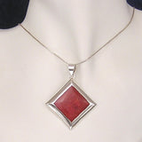 Square Silver Pendant with Red Coral and Necklace Chain