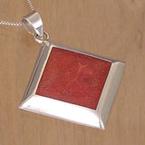 Square Silver Pendant with Red Coral and Necklace Chain