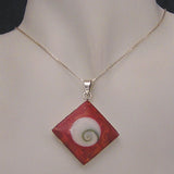 Square Silver with Red Coral and Shiva Eye Pendant with Necklace Chain