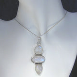 Silver Pendant with Three Rainbow Moonstones and Necklace Chain