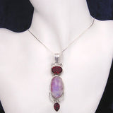 Silver Pendant with Pinked Rainbow Moonstone and Garnet and Necklace Chain