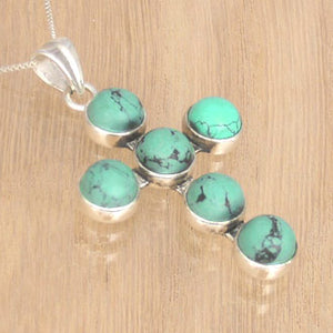 Silver Cross Pendant with Six Turquoise Stones and Necklace Chain