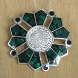 Aztec Calendar Silver Pendant Brooch with Malachite and Necklace Chain