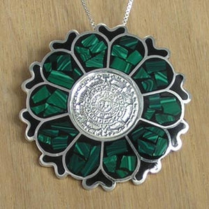 Aztec Calendar Silver Pendant Brooch with Malachite and Necklace Chain