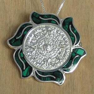 Aztec Calendar Silver Pendant Brooch with Malachite with Necklace Chain