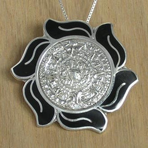 Aztec Calendar Silver Pendant Brooch with Onyx with Necklace Chain