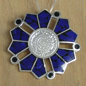 Aztec Calendar Silver Pendant Brooch with Sodalite and Necklace Chain