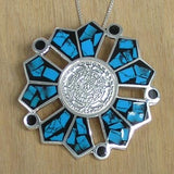 Aztec Calendar Silver Pendant Brooch with Turquoise and Necklace Chain