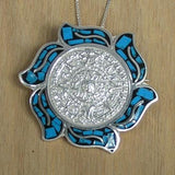 Aztec Calendar Silver Pendant Brooch with Turquoise and Necklace Chain