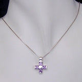 Silver Cross Pendant with Amethyst Coloured Cubic Zirconia with Necklace Chain