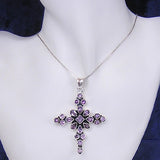 Silver Cross Pendant with Amethyst Gemstones and Necklace Chain