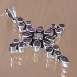 Silver Cross Pendant with Amethyst Gemstones and Necklace Chain