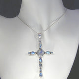 Silver Cross Pendant with Rainbow Moonstones and Necklace Chain