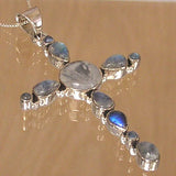 Silver Cross Pendant with Rainbow Moonstones and Necklace Chain