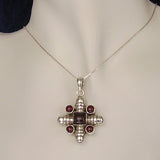 Chunky Silver Pendant with Garnet Stones and Necklace Chain