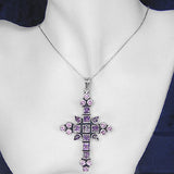 Silver Cross Pendant with Pink Cubic Zirconia and Amethyst Gemstones and Necklace Chain