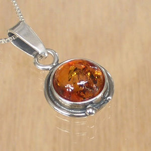 Round Silver Pendant with Amber with Necklace Chain